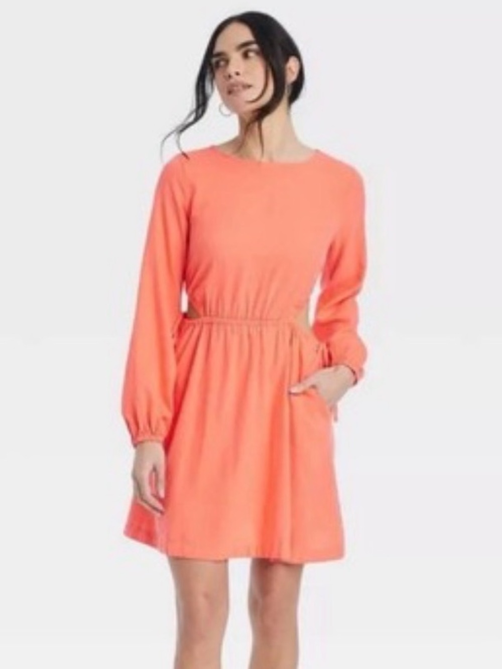 Universal Thread Coral-Peach Long Sleeve Elastic-Waist Dress
